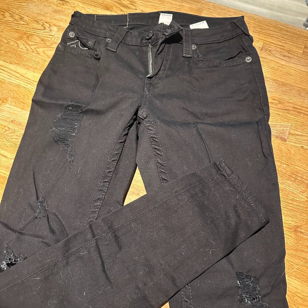 True Religion Distressed Black Straight Leg Denim